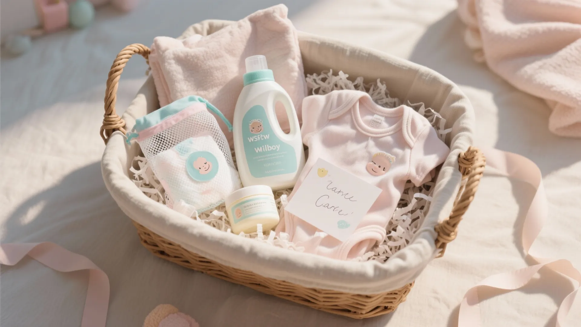Baby gift basket with pink clothes laundry soap and cream on a soft white blanket