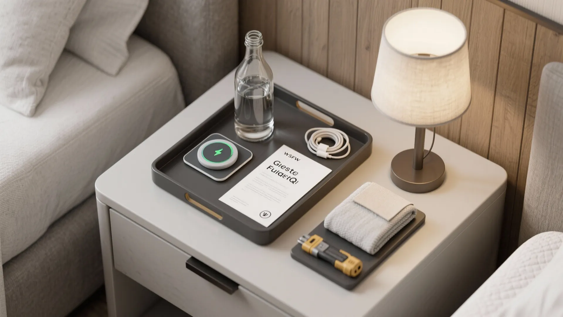 Bedside table with a tray containing a water bottle, charger, note, and a table lamp