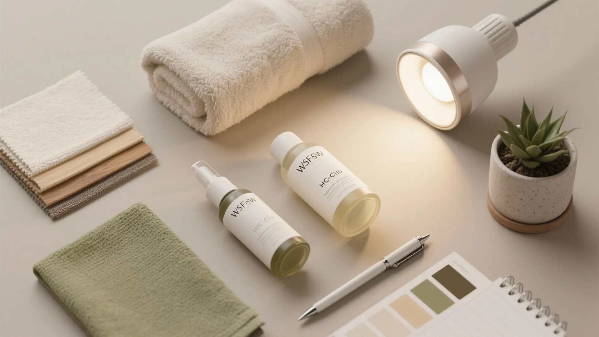 Tabletop display featuring white desk light skincare bottles towels fabric swatches and a small potted plant