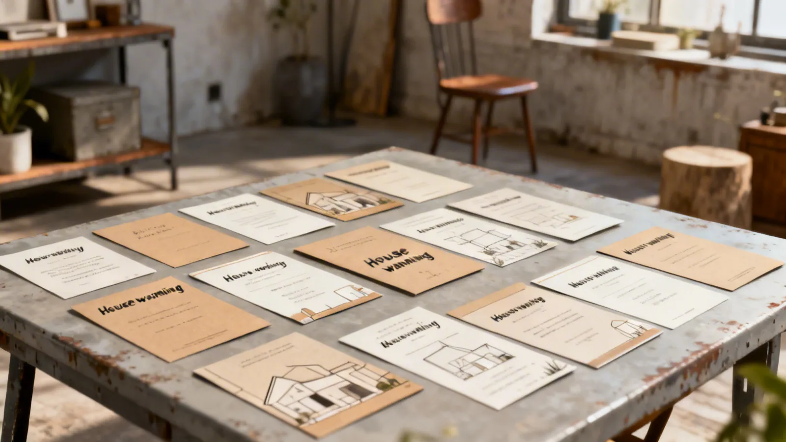 Many housewarming invitation cards with house drawings laid out on a large metal industrial table