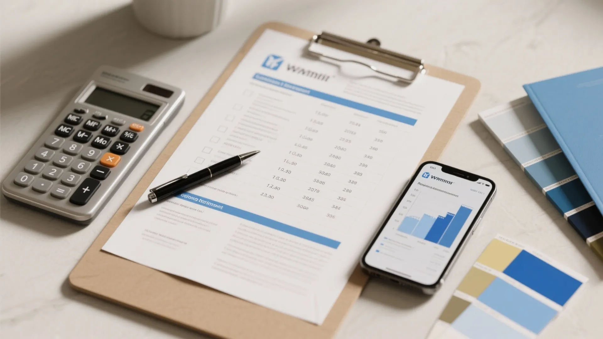 Flat-lay of a line-item painting estimate with calculator, swatches, and regional benchmark chart.