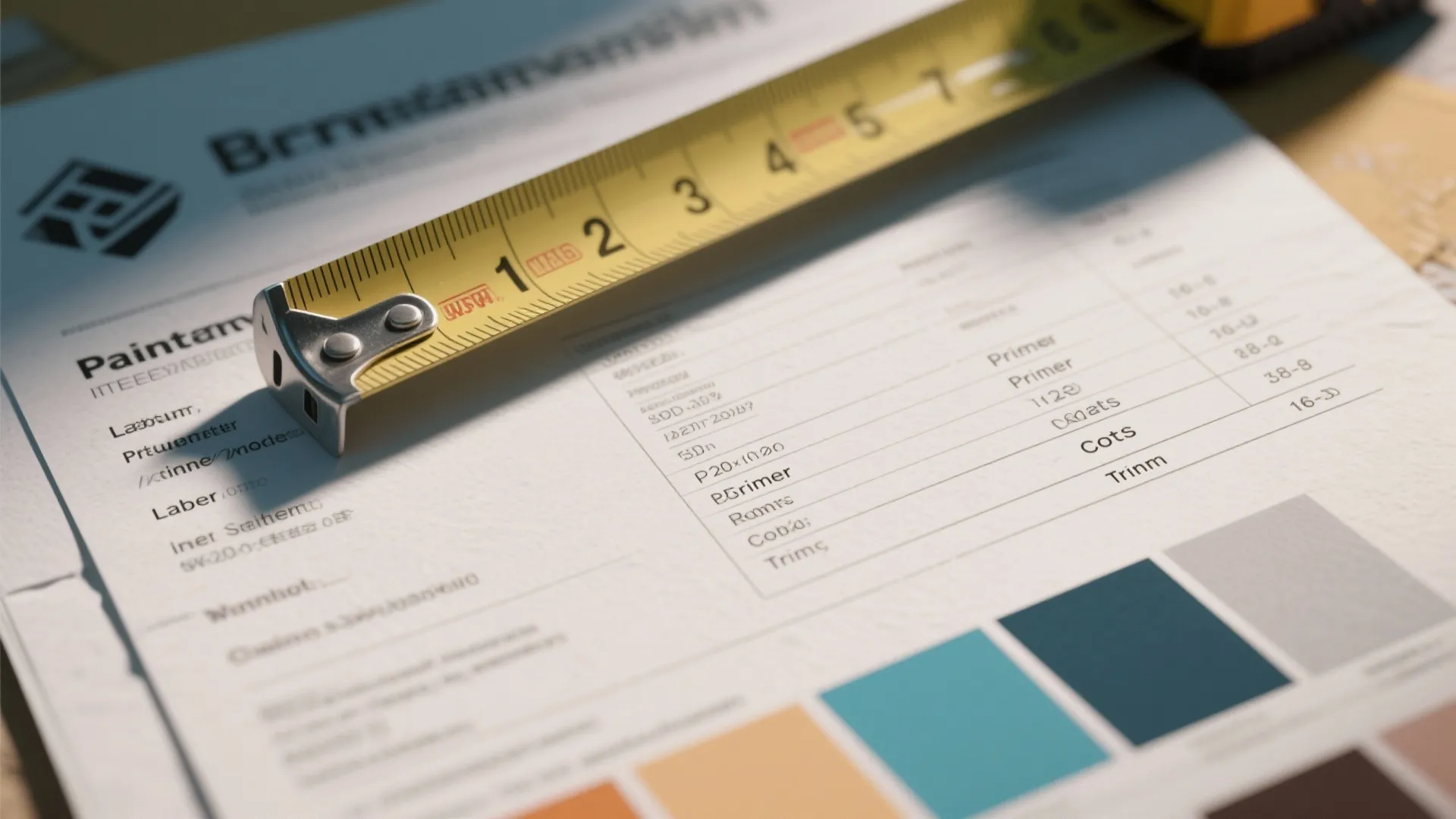 Macro close-up of an itemized painting estimate with a measuring tape and color swatch on top.