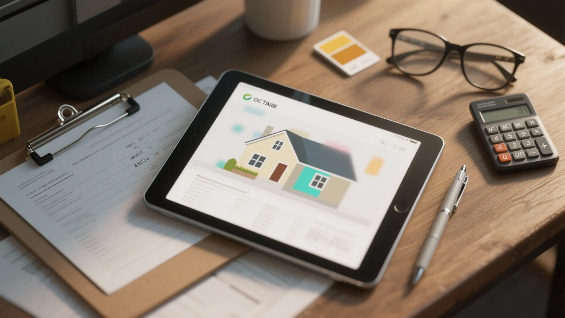Tablet showing house design on wooden desk with clipboard calculator pen and pair of black glasses