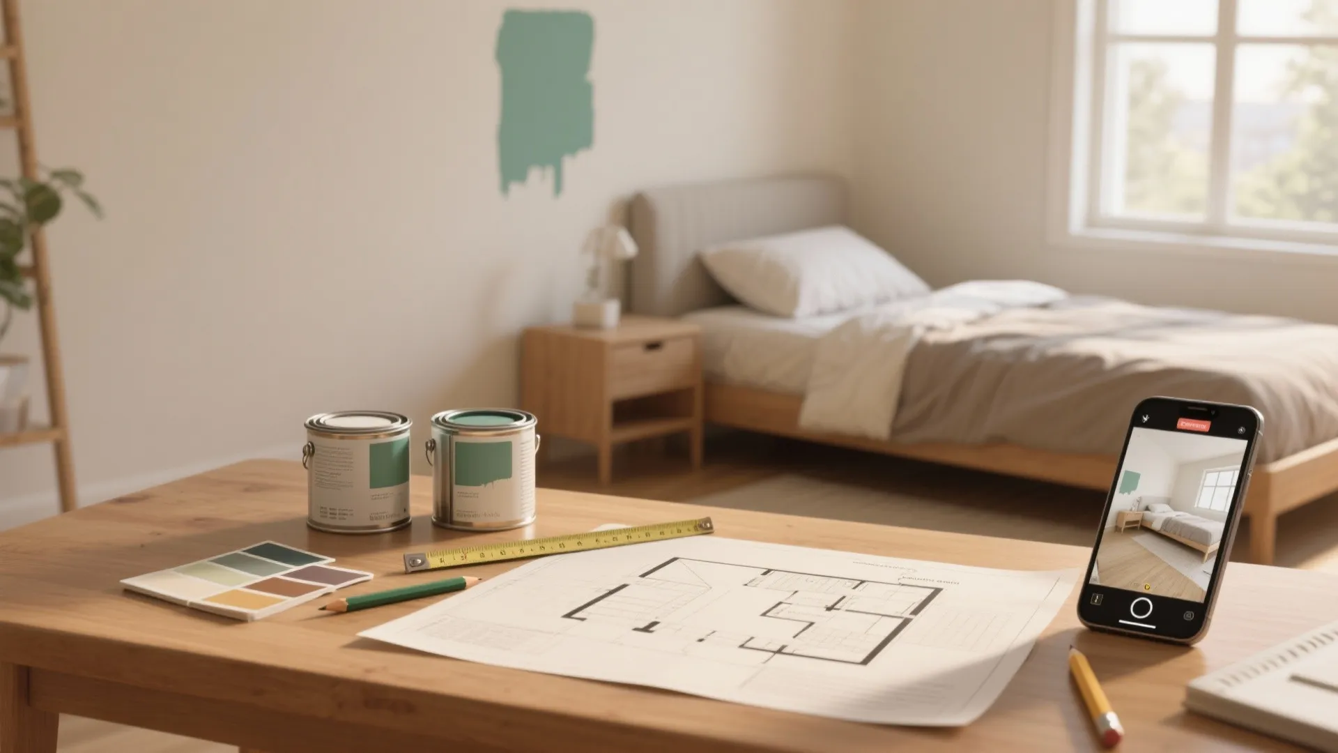 Floor plan on wooden desk with paint cans and smartphone showing bedroom interior design drawing