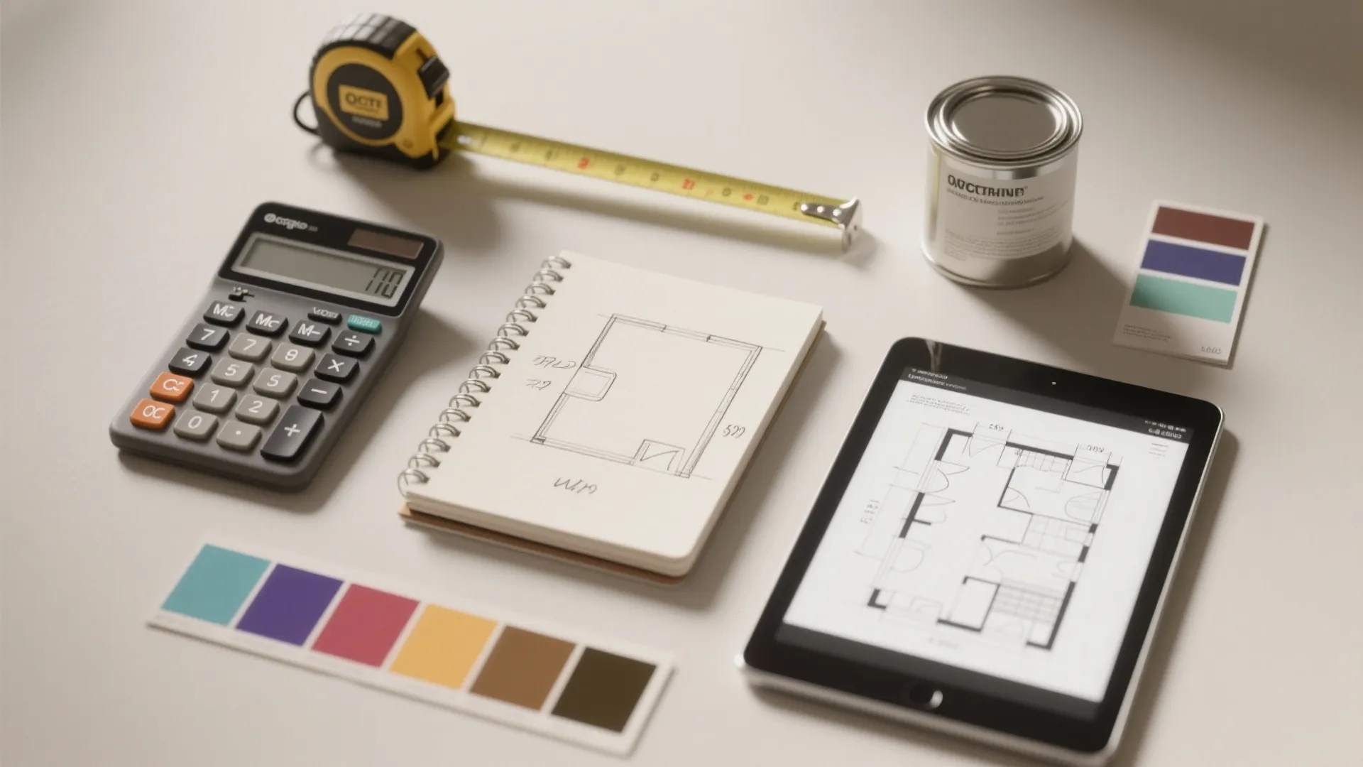 Calculator tape measure notebook and tablet showing room layouts with paint can on white table