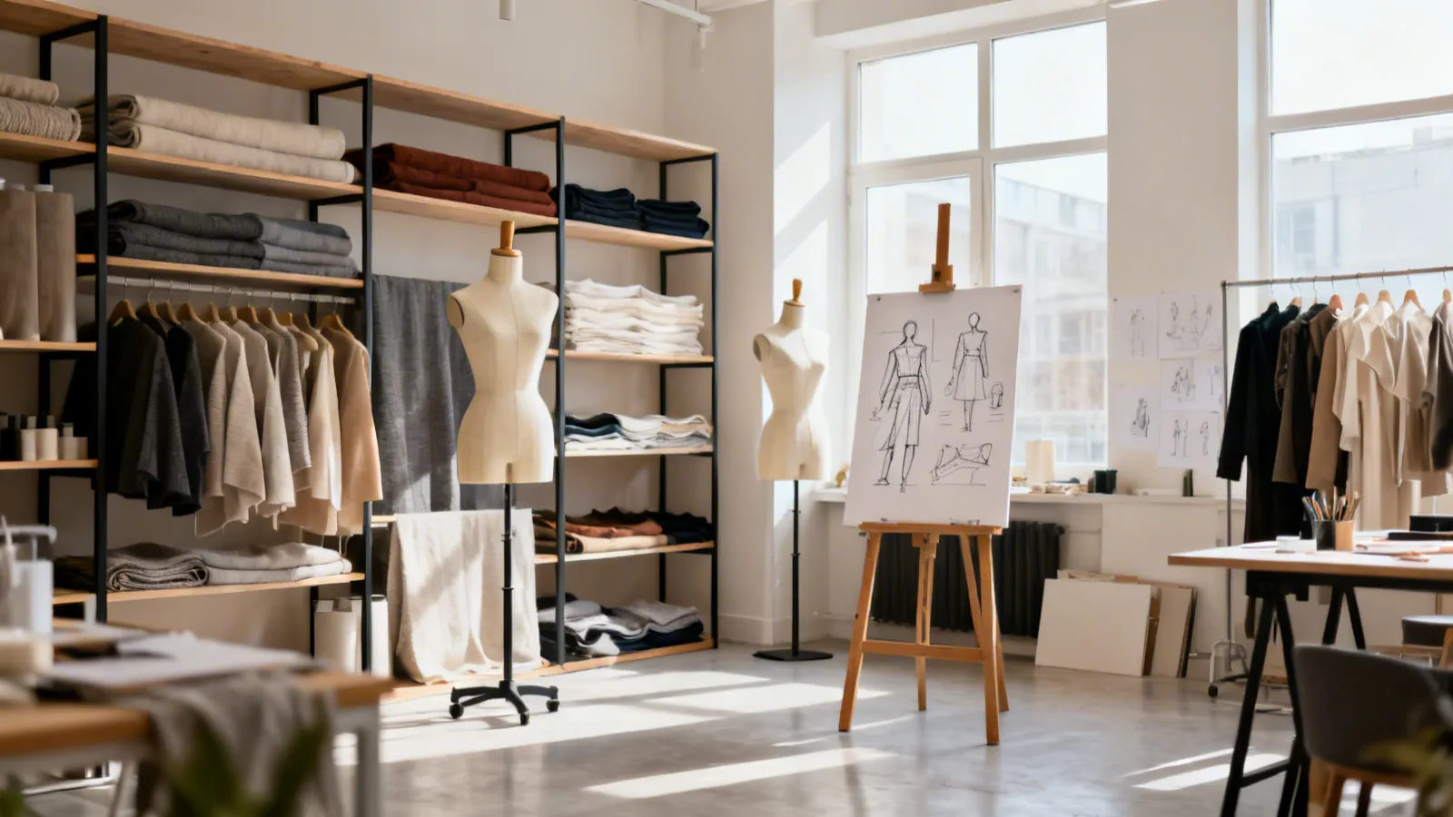 Estudio creativo de moda con telas y maniquíes