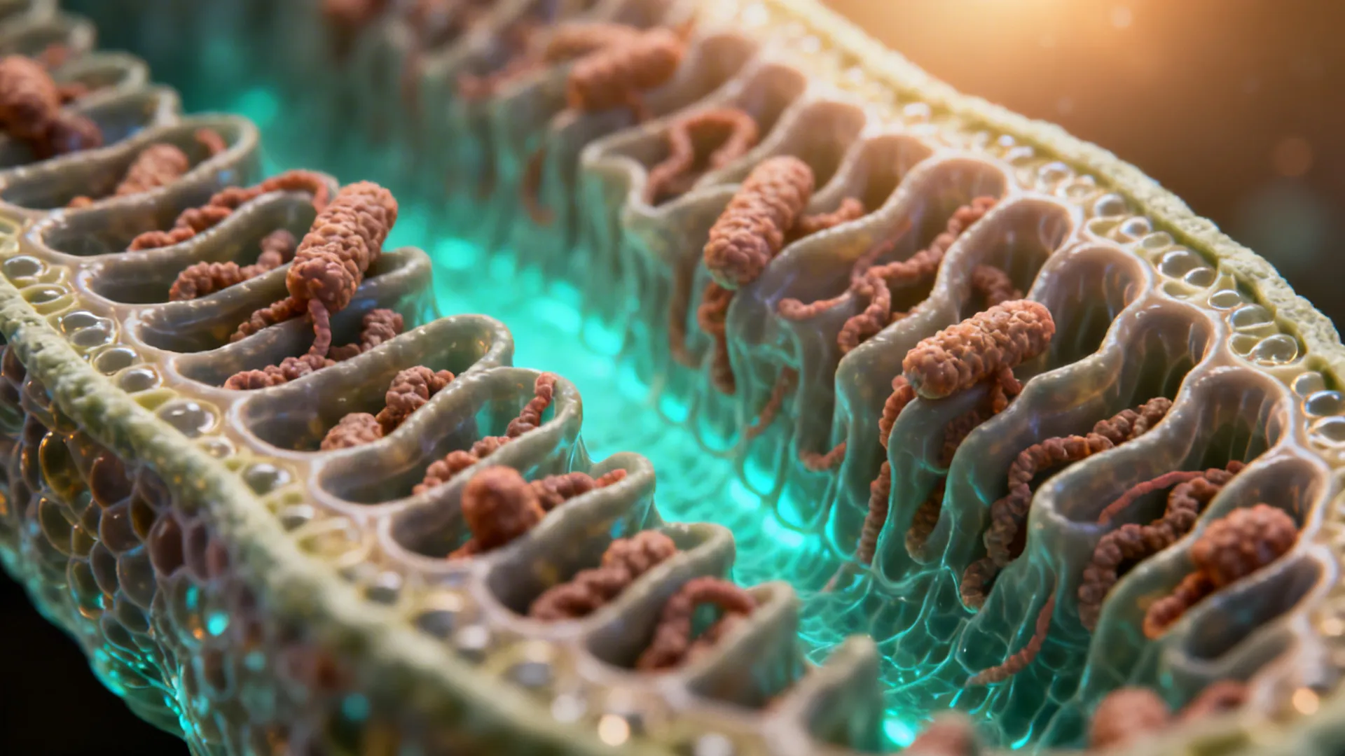 Macro view of mitochondrial cristae showing electron transport complexes in the inner membrane.