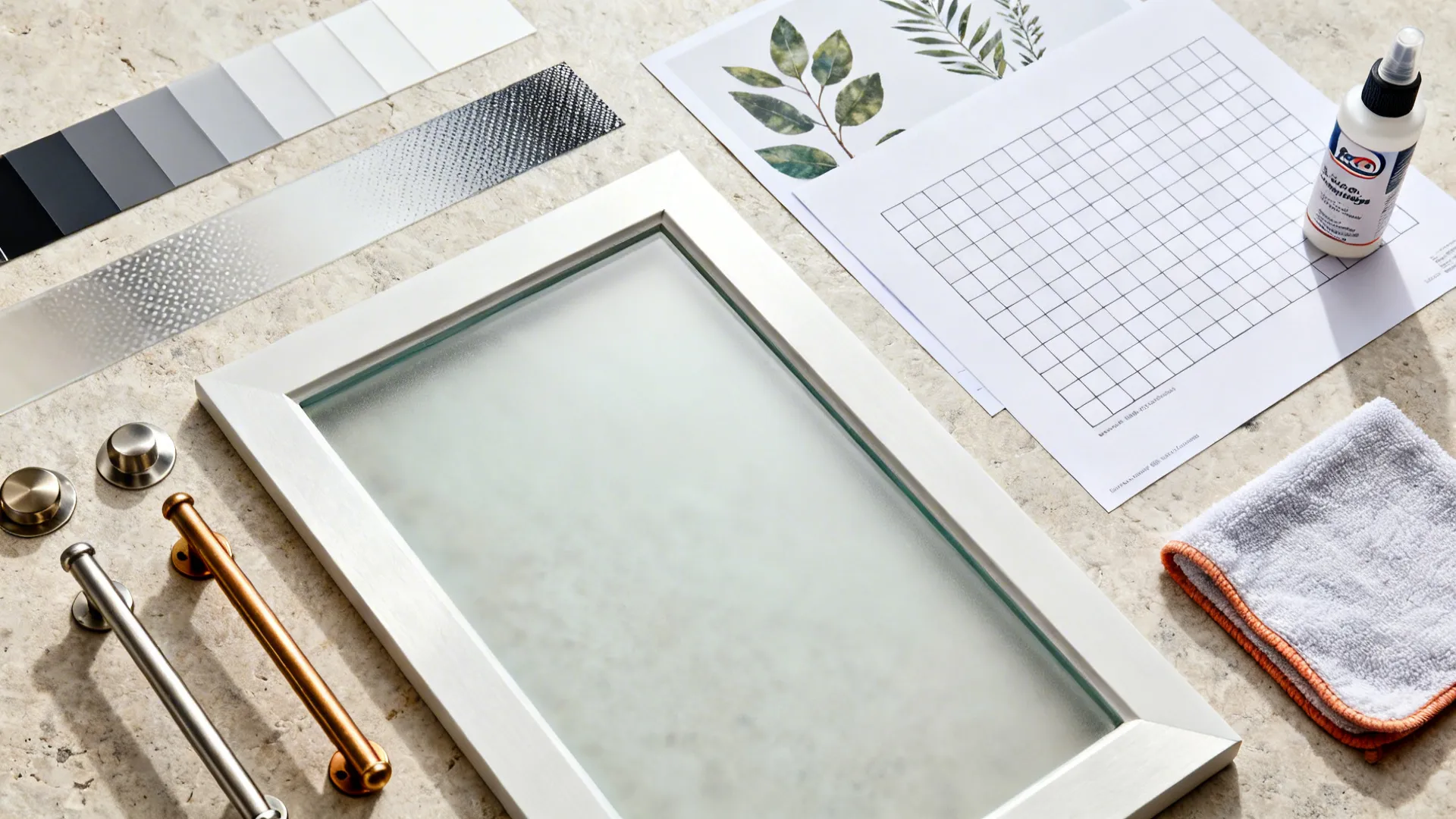 Flat lay showing glass panel door handles color swatches grid paper cleaning spray and cloth