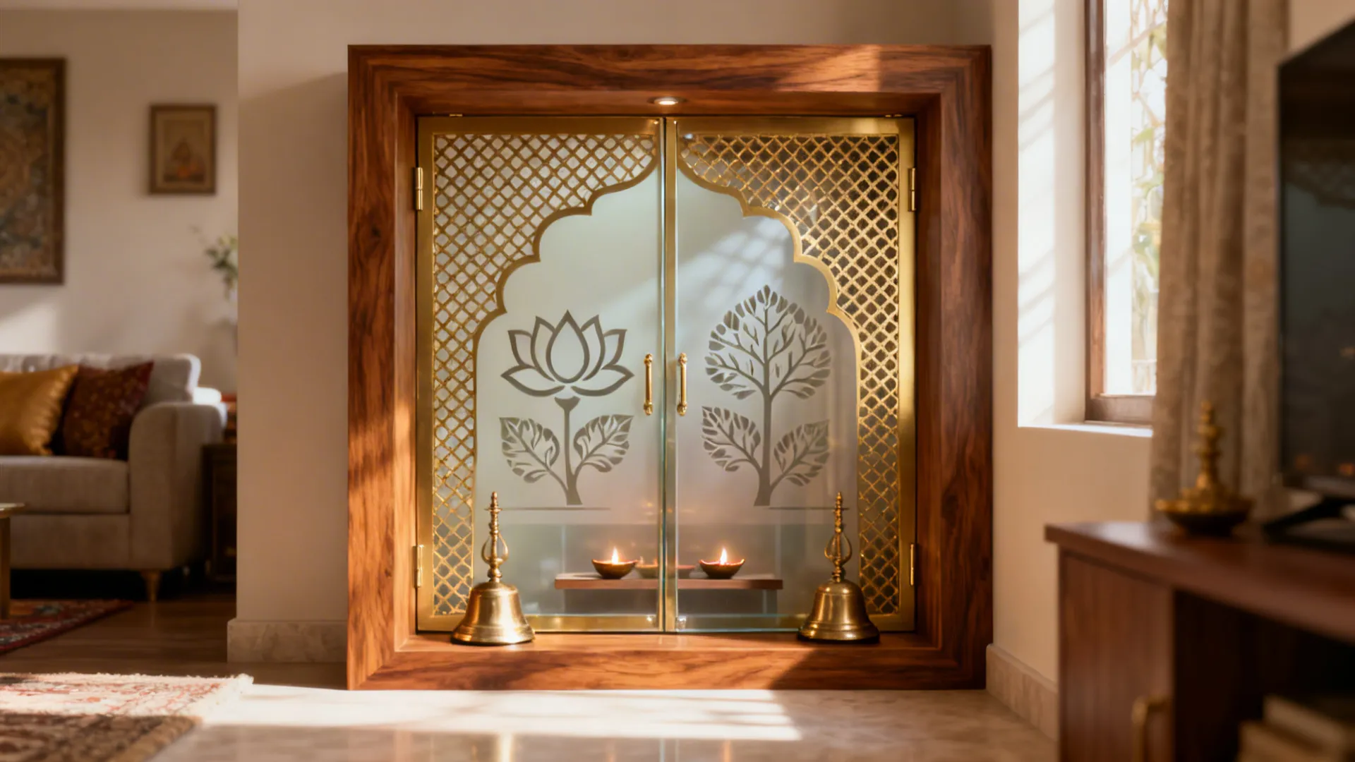 Etched glass pooja doors with brass lattice in a teak frame, softly lit in a compact living room.