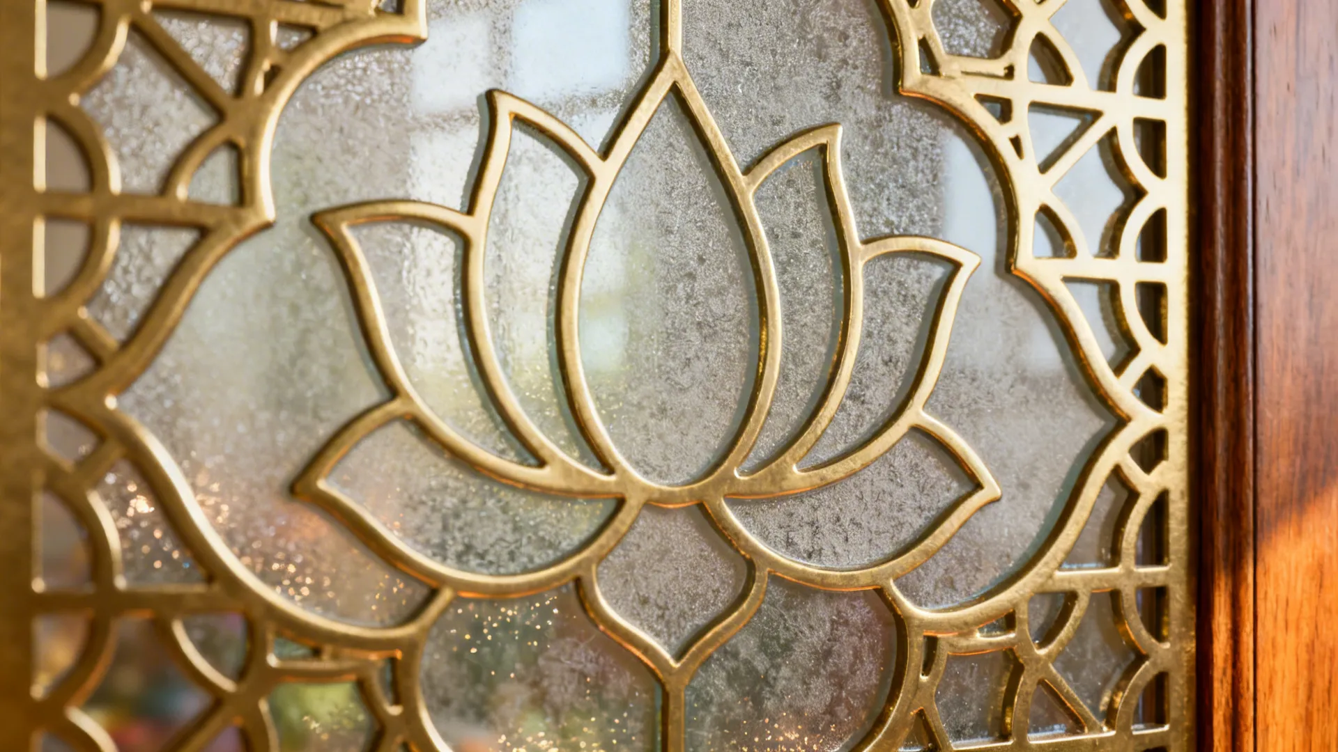 Close-up of etched lotus motif and satin-brushed brass lattice on a pooja door.