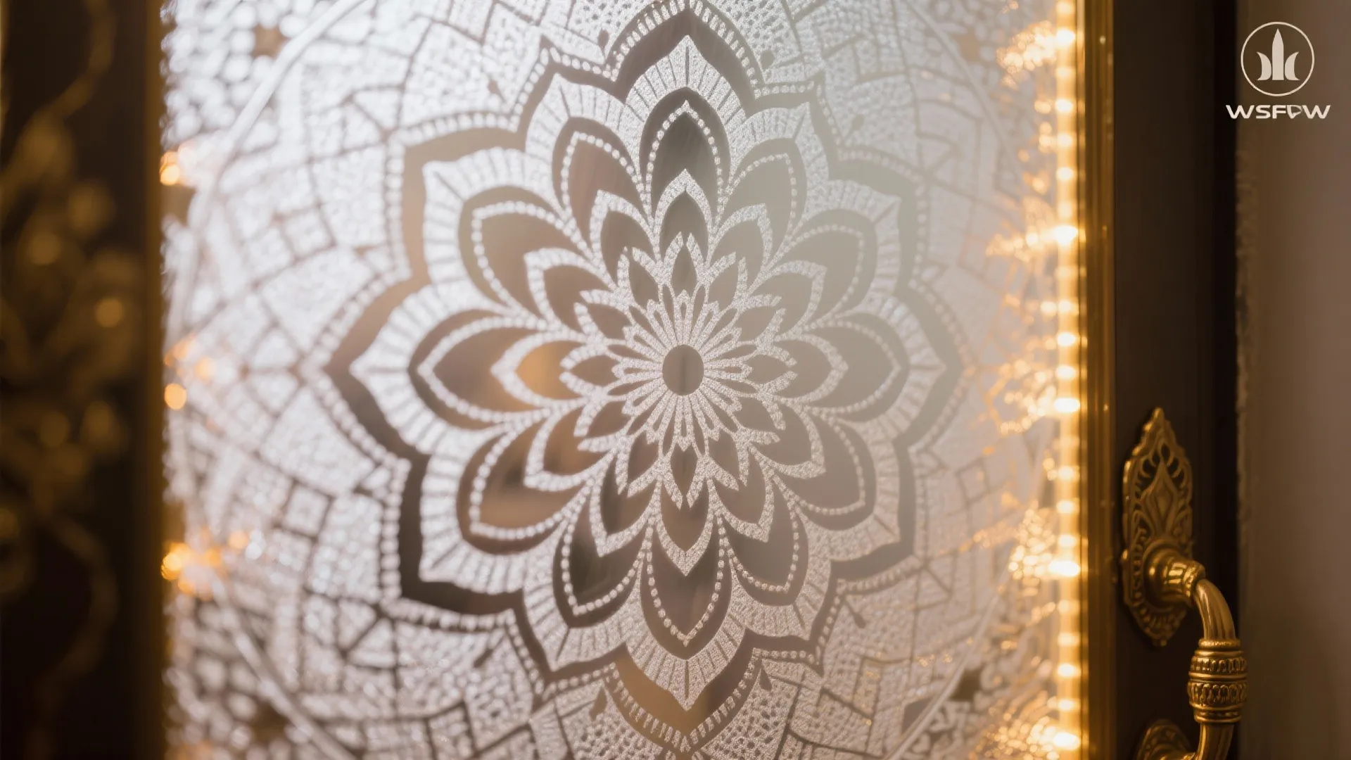 Macro of acid-etched mandala glass with warm grazing light on a pooja door.