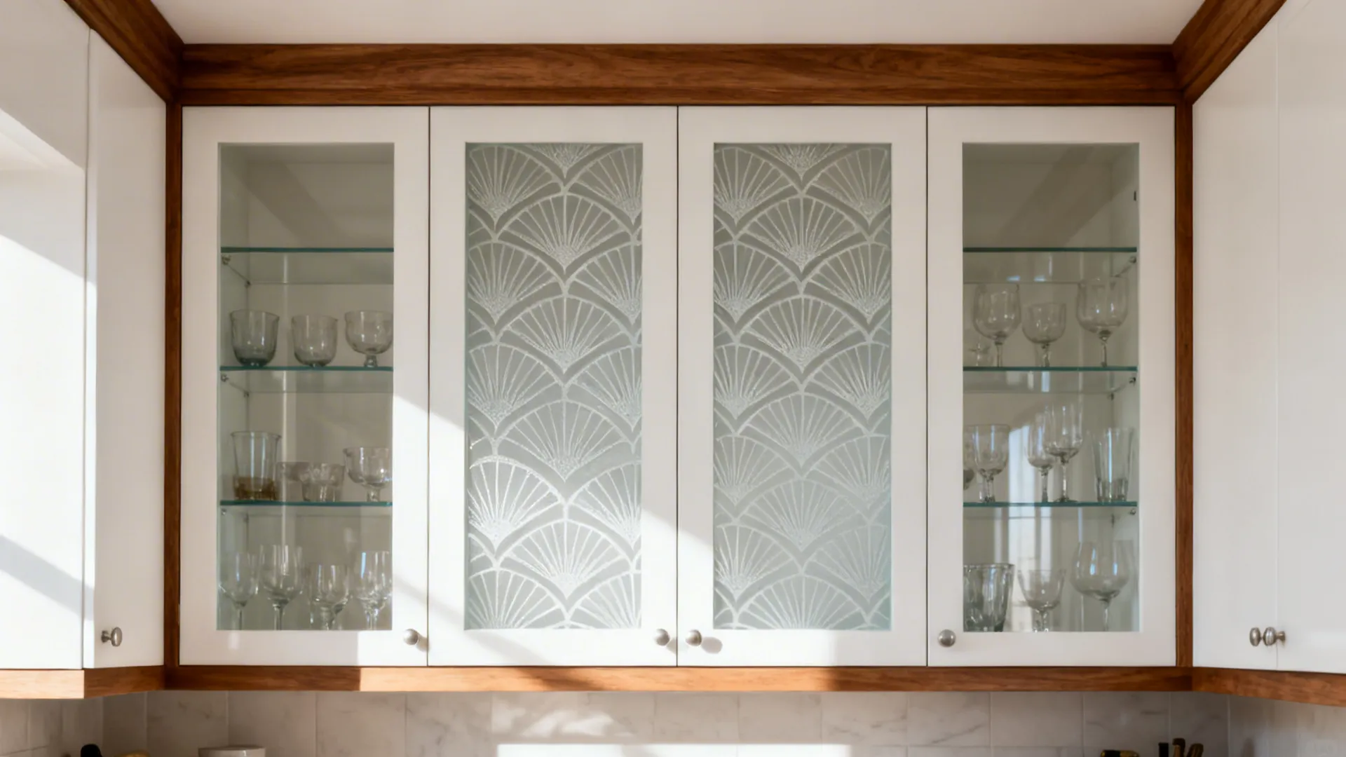 Small kitchen scene with two etched glass upper doors framed in warm wood.