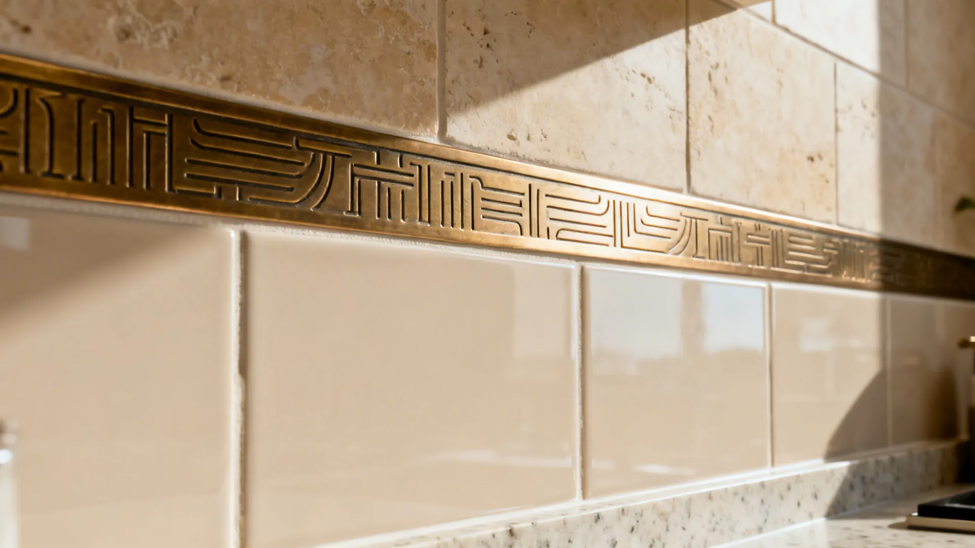 Gold metal wall border with patterns between stone tiles and smooth cream glossy wall tiles