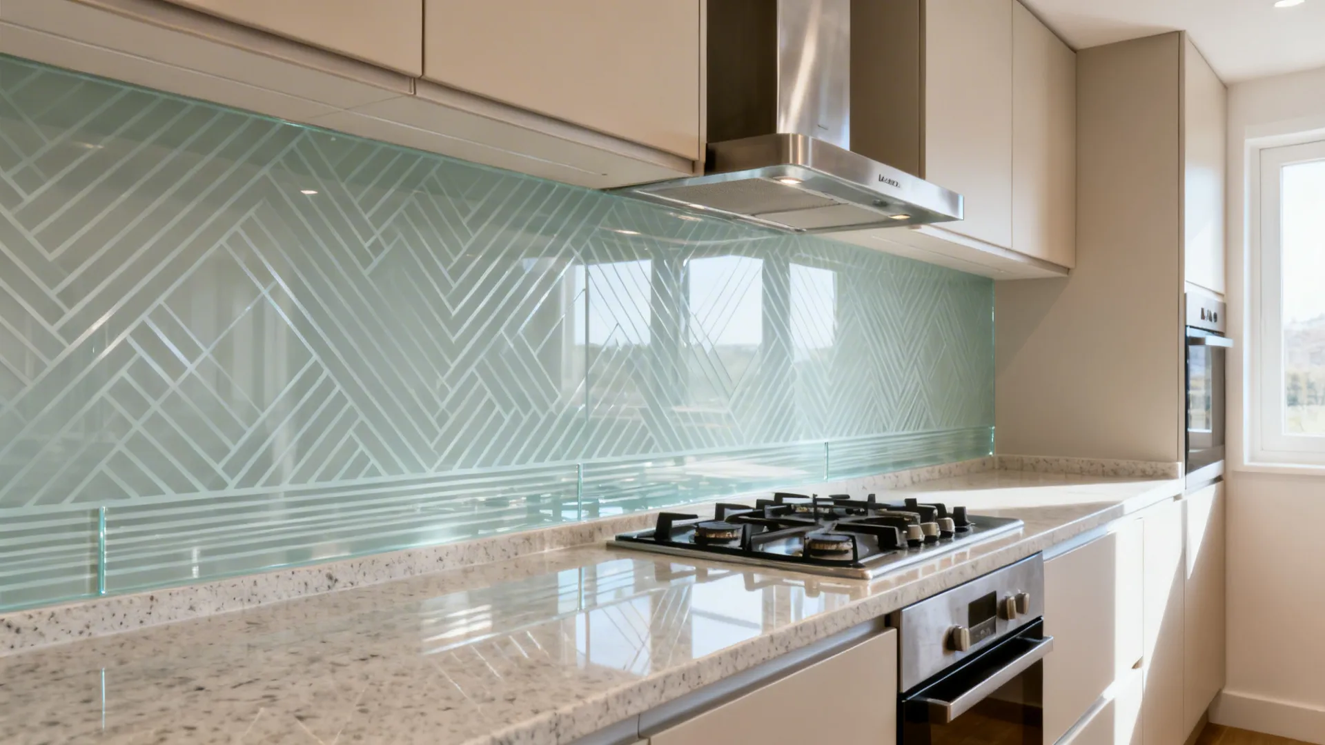 Carved Glass Backsplash with Geometric Lines