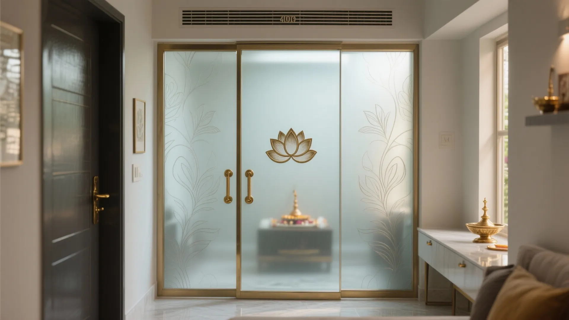Etched glass pooja front with brass lotus handles diffusing light for privacy in a compact home.