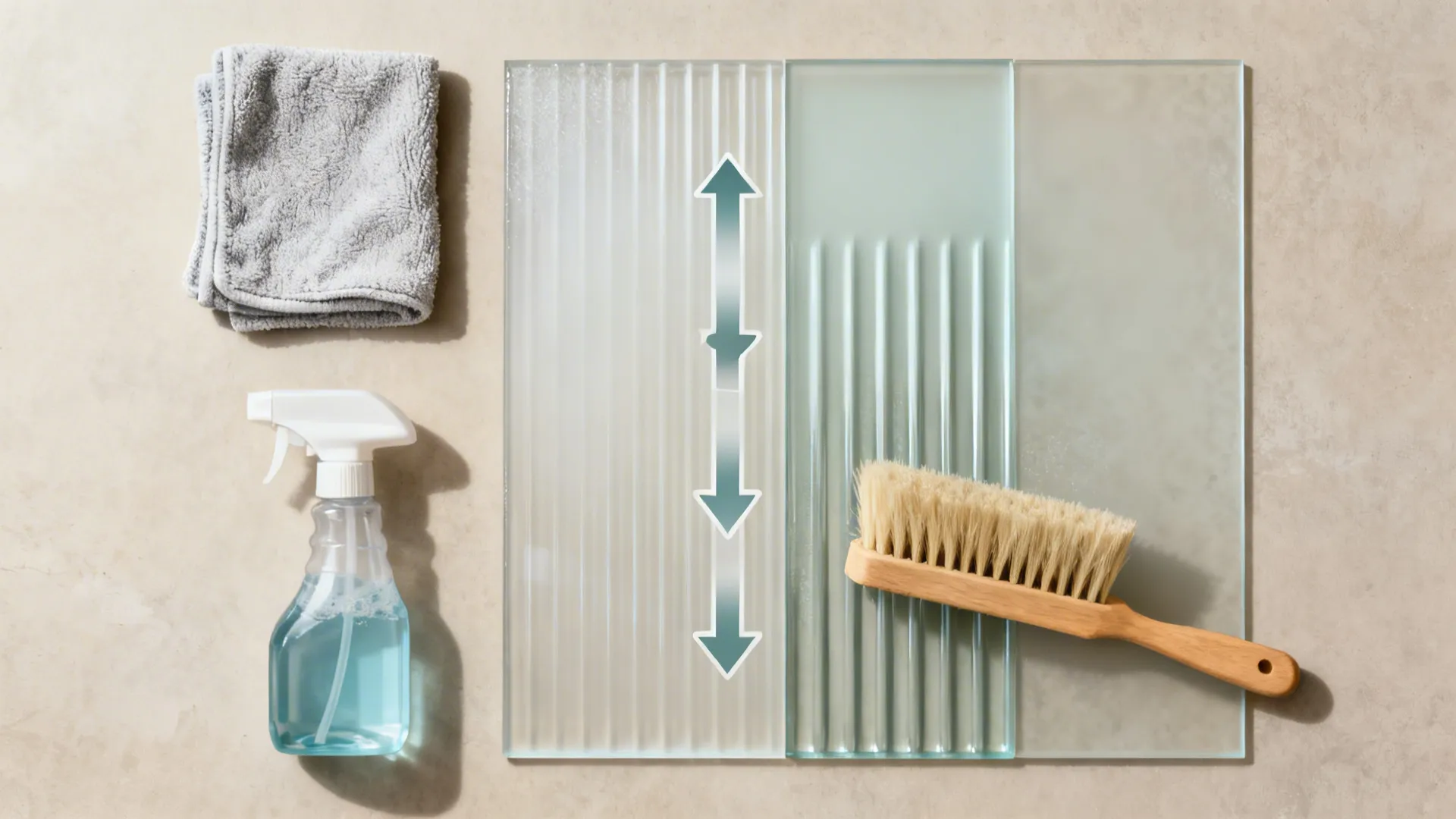 Top-down layout of cleaning tools and etched glass sample showing vertical wipe guidance for fluted textures.