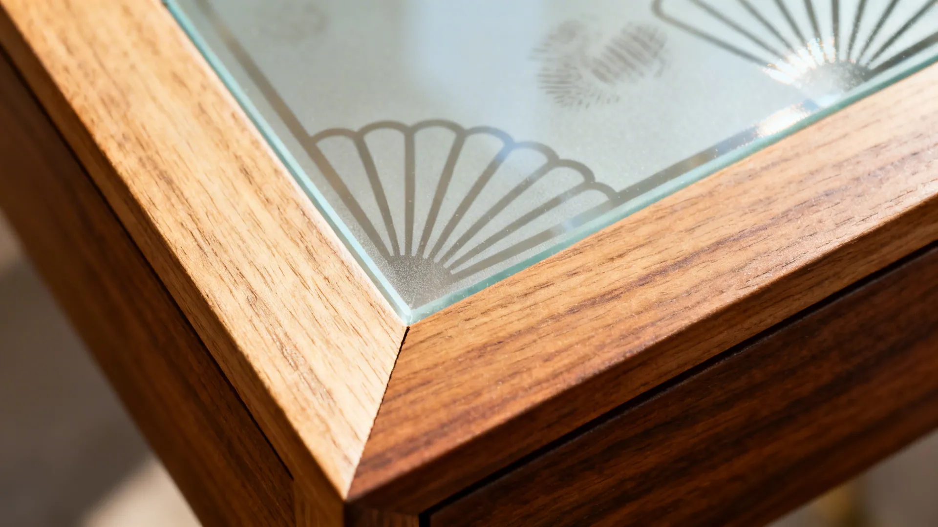 Macro of etched Art Deco fan motif on low-iron glass framed in warm wood.