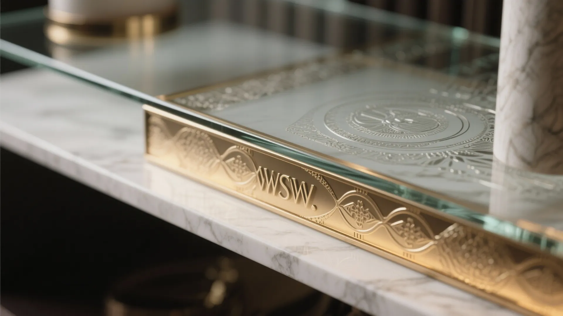 Detailed close up of gold patterned glass tray on white marble surface in a modern room
