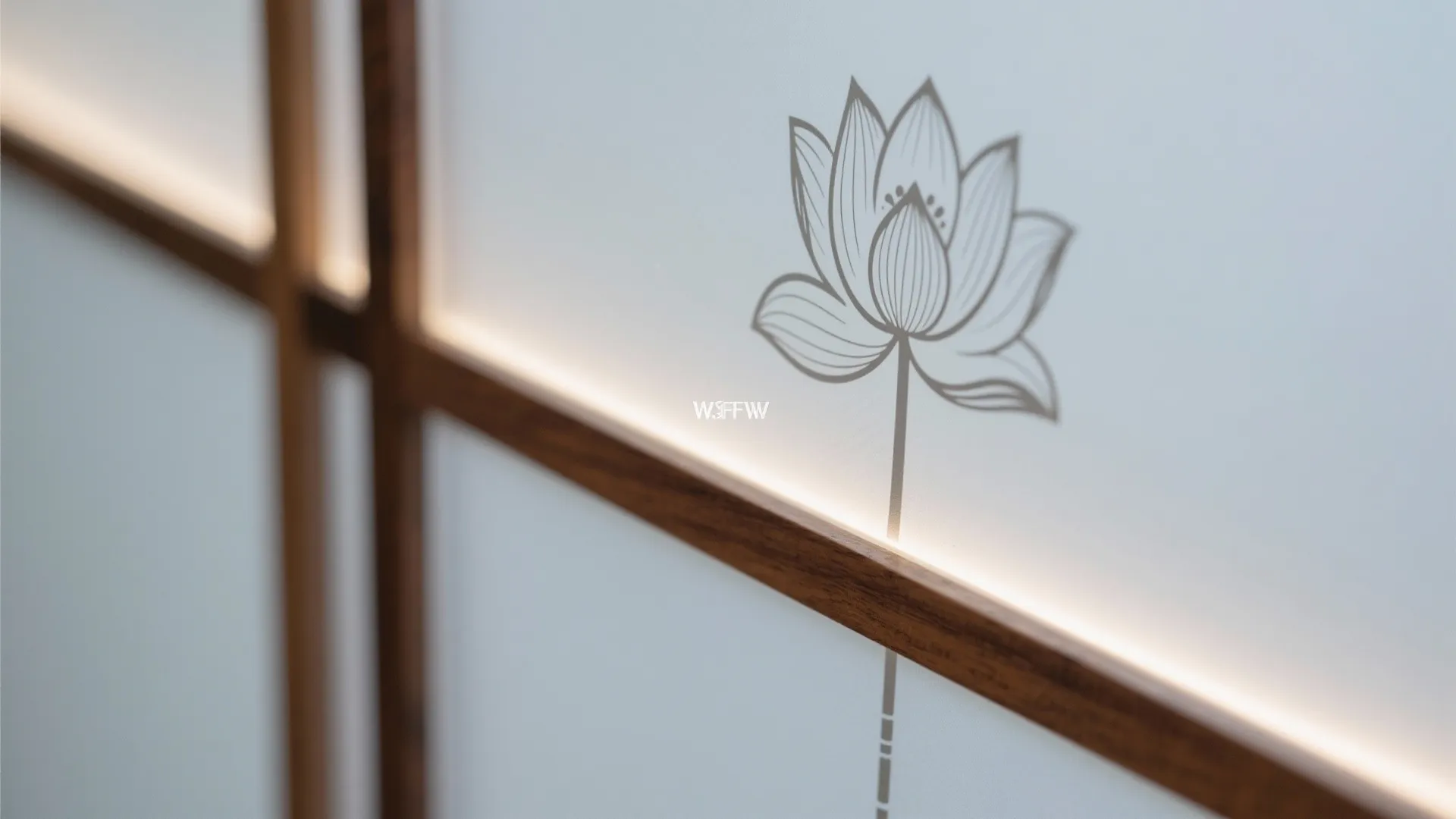 Frosted glass panel with flower pattern and wood frame with light coming from behind it