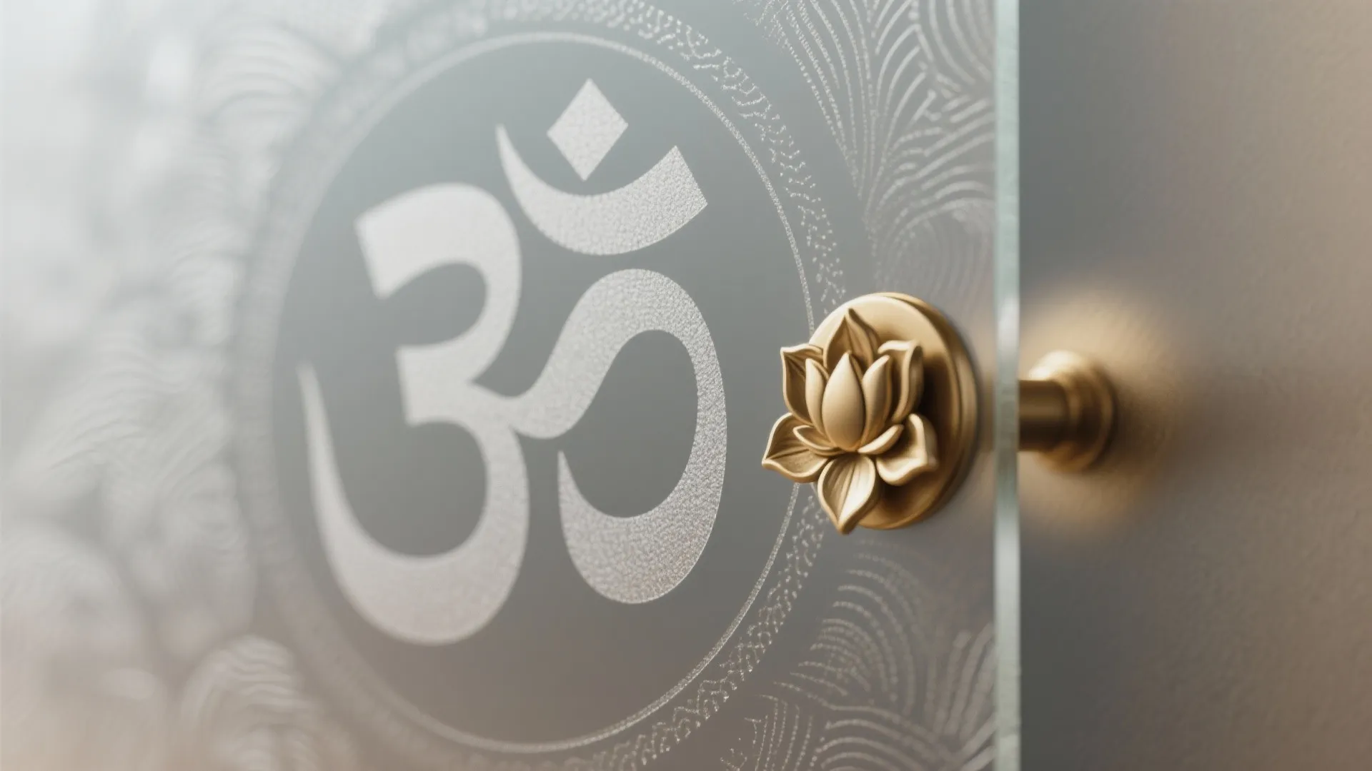 Close-up of matte etched glass with OM motif and brass lotus handle showing refined textures.