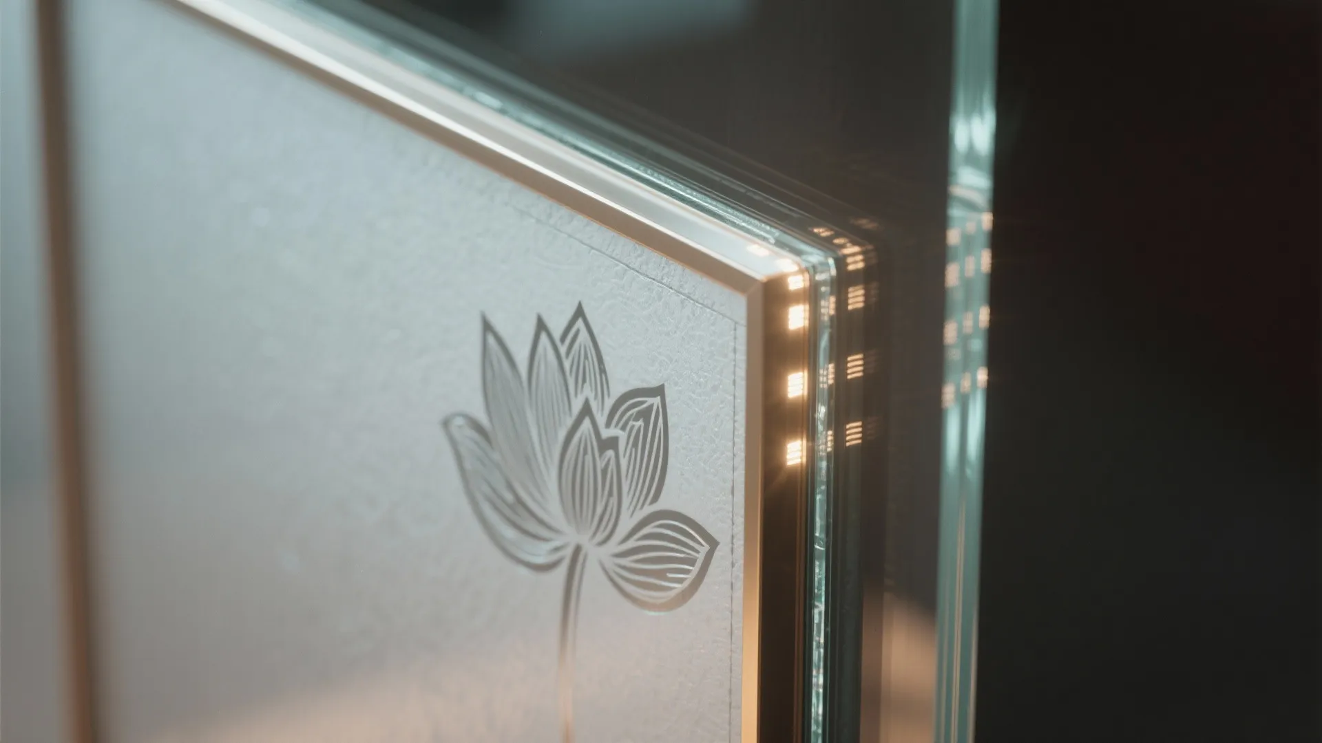 Clear glass doors with subtle etched motifs for light-filled corners