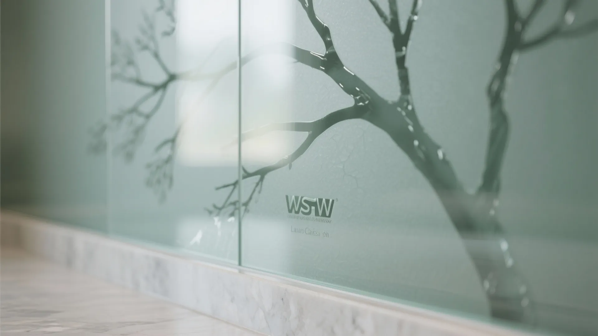 3) Back-painted glass backsplash with etched tree silhouette