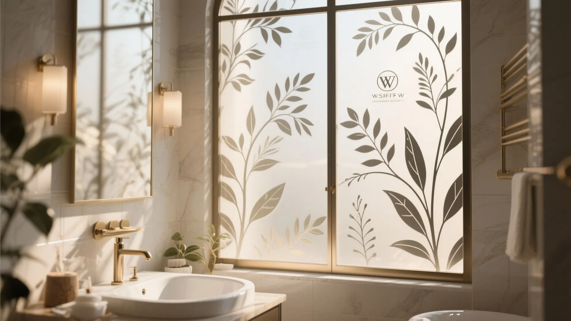 Elegant bathroom with floral pattern glass window film gold wall light and a white sink