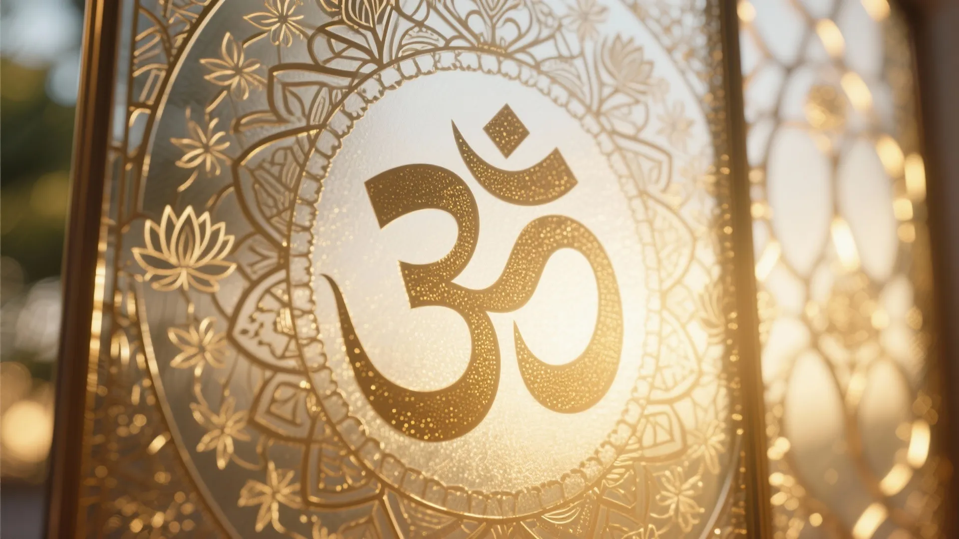 Om symbol etched on decorative glass panel with gold floral patterns and warm bright light