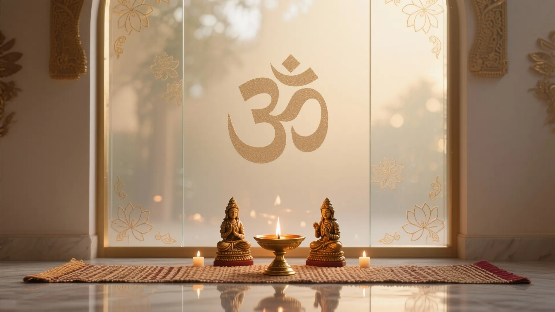 Prayer room with gold statues, oil lamp, candles, and glass window featuring a large symbol