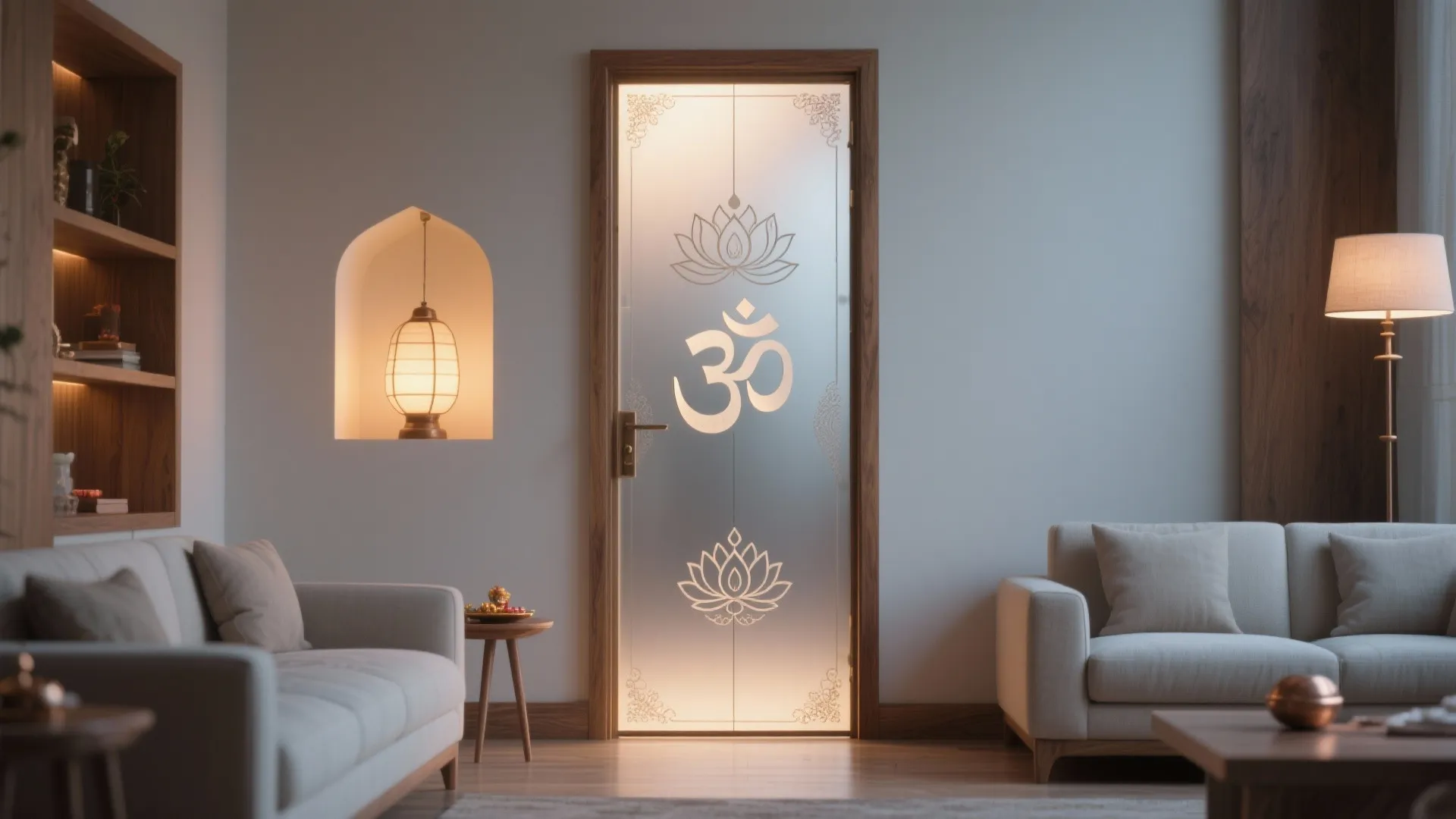 Frosted glass pooja door with subtle etched motifs glowing softly in a modern living room.