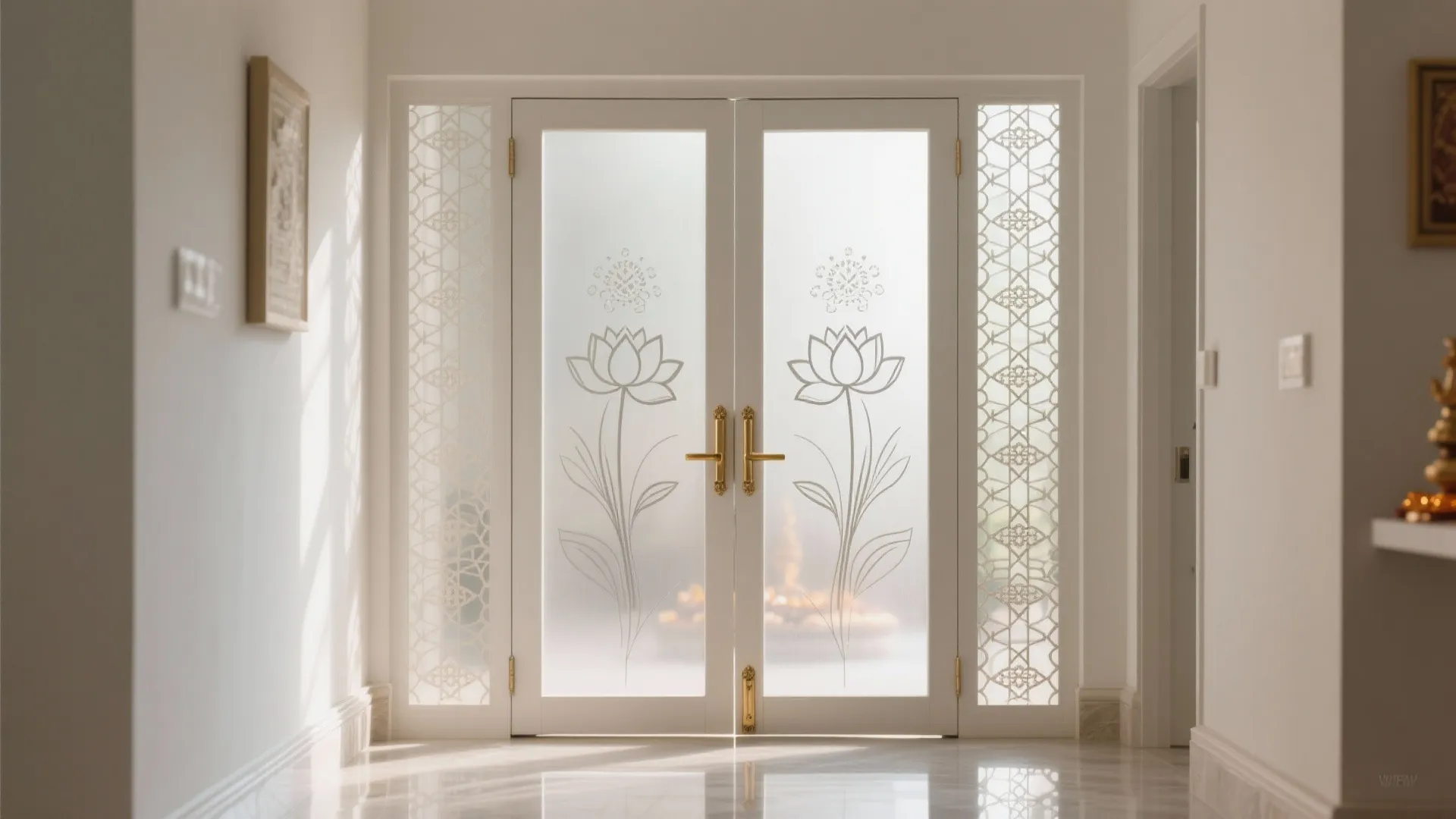 Frosted etched glass pooja doors with subtle lotus motifs and satin brass pulls.