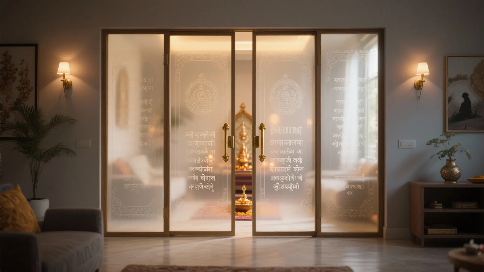 Modern frosted glass sliding doors with gold handles and white wall lights in living room