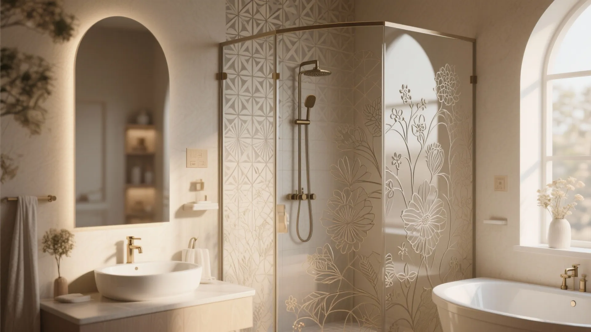 Elegant warm bathroom with flower pattern glass shower door white bathtub and arched wall mirror design