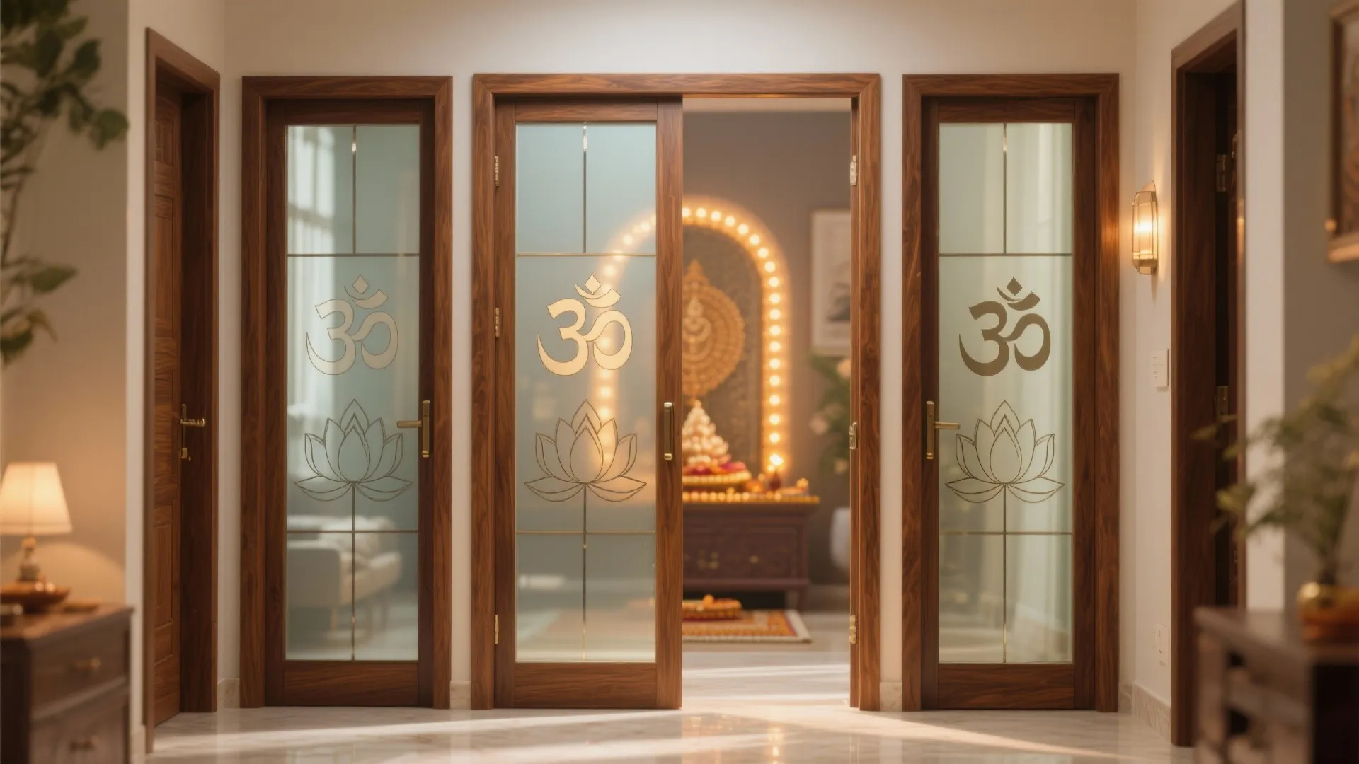 Wooden doors with etched glass lotus patterns leading into a prayer room with warm lights