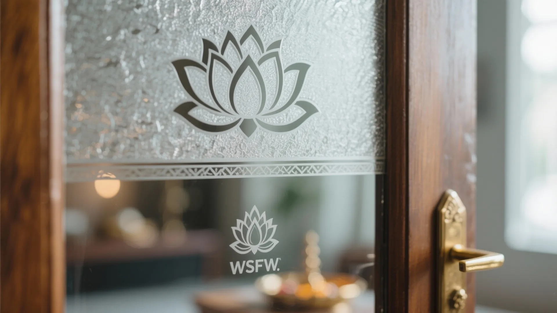 Close-up of a subtle lotus etched motif on frosted glass of a modern pooja room door.