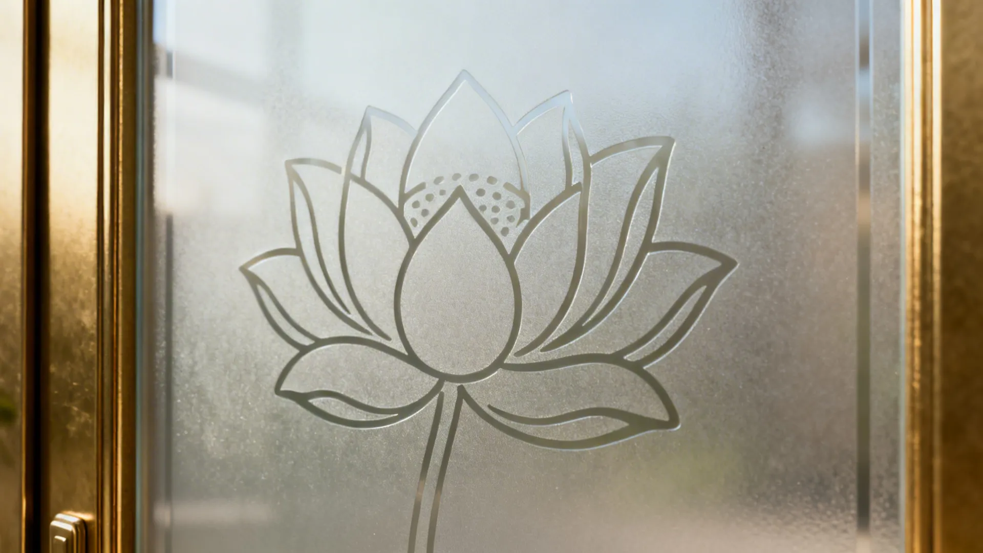 Detailed lotus flower design etched on a frosted glass surface with a gold metal frame