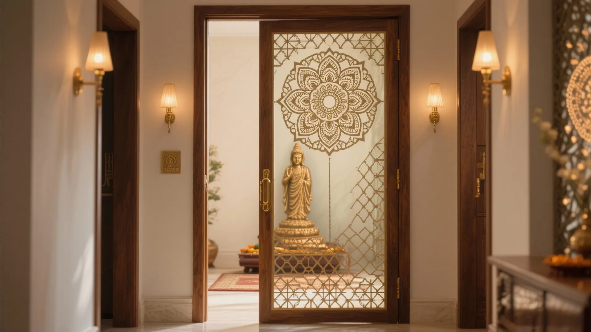 Etched mandala glass pooja door glowing with warm LED light and teak framing.