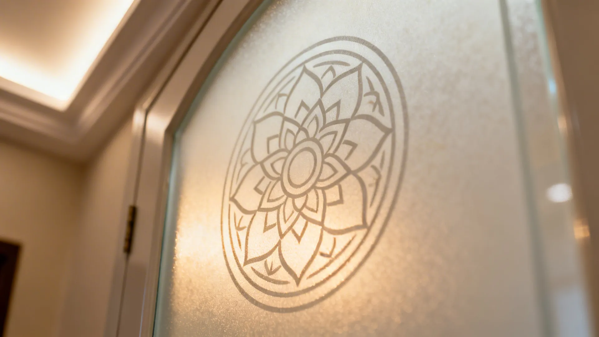 Macro of frosted glass mandala etching glowing under warm cove lighting.
