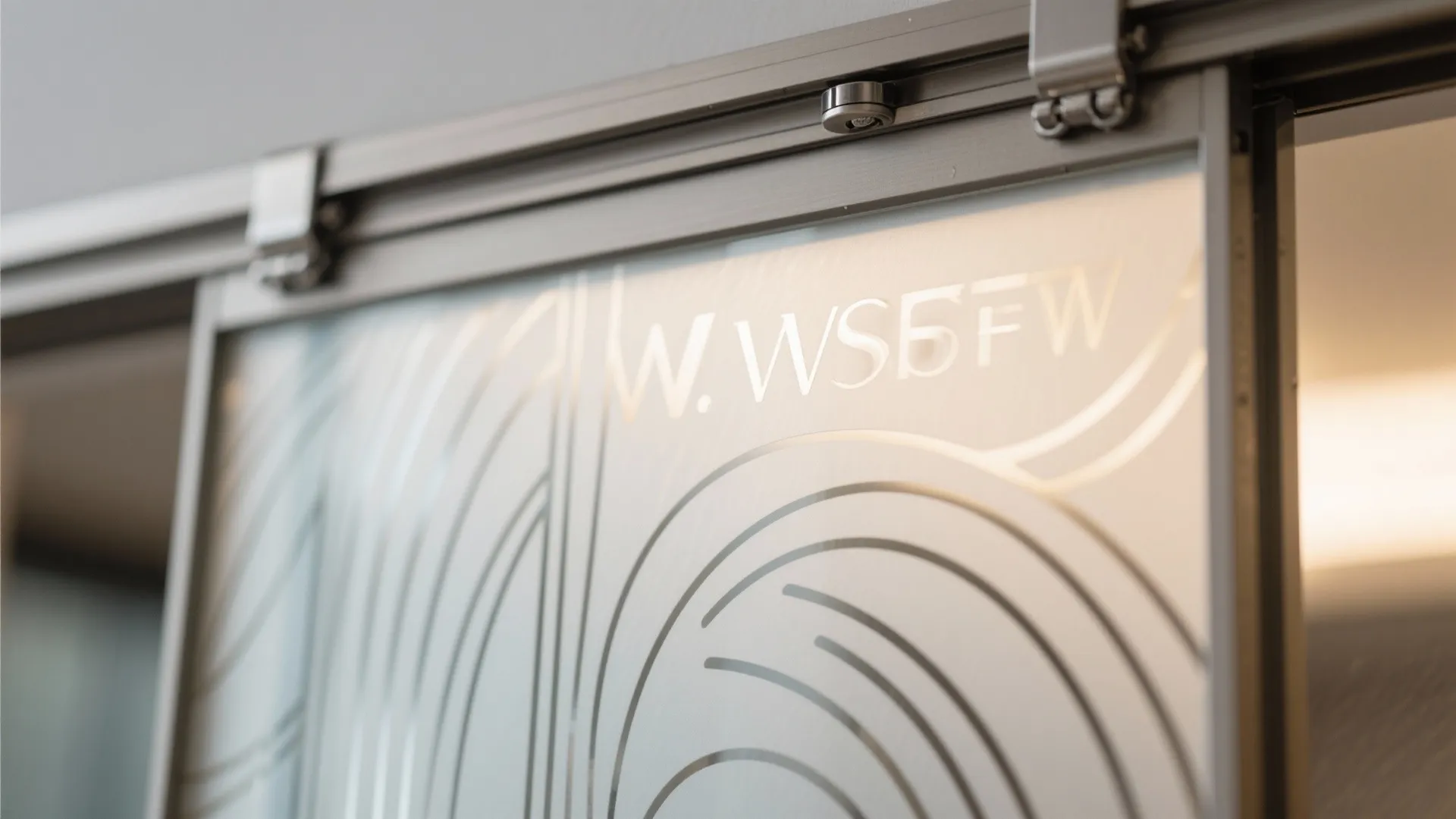 Macro of a crisp etched geometric motif and discreet top-hung sliding hardware.