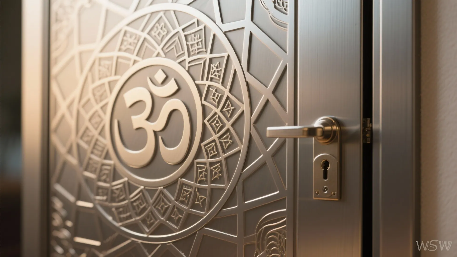 Silver metal door with etched patterns and religious symbol near modern silver metal door handle