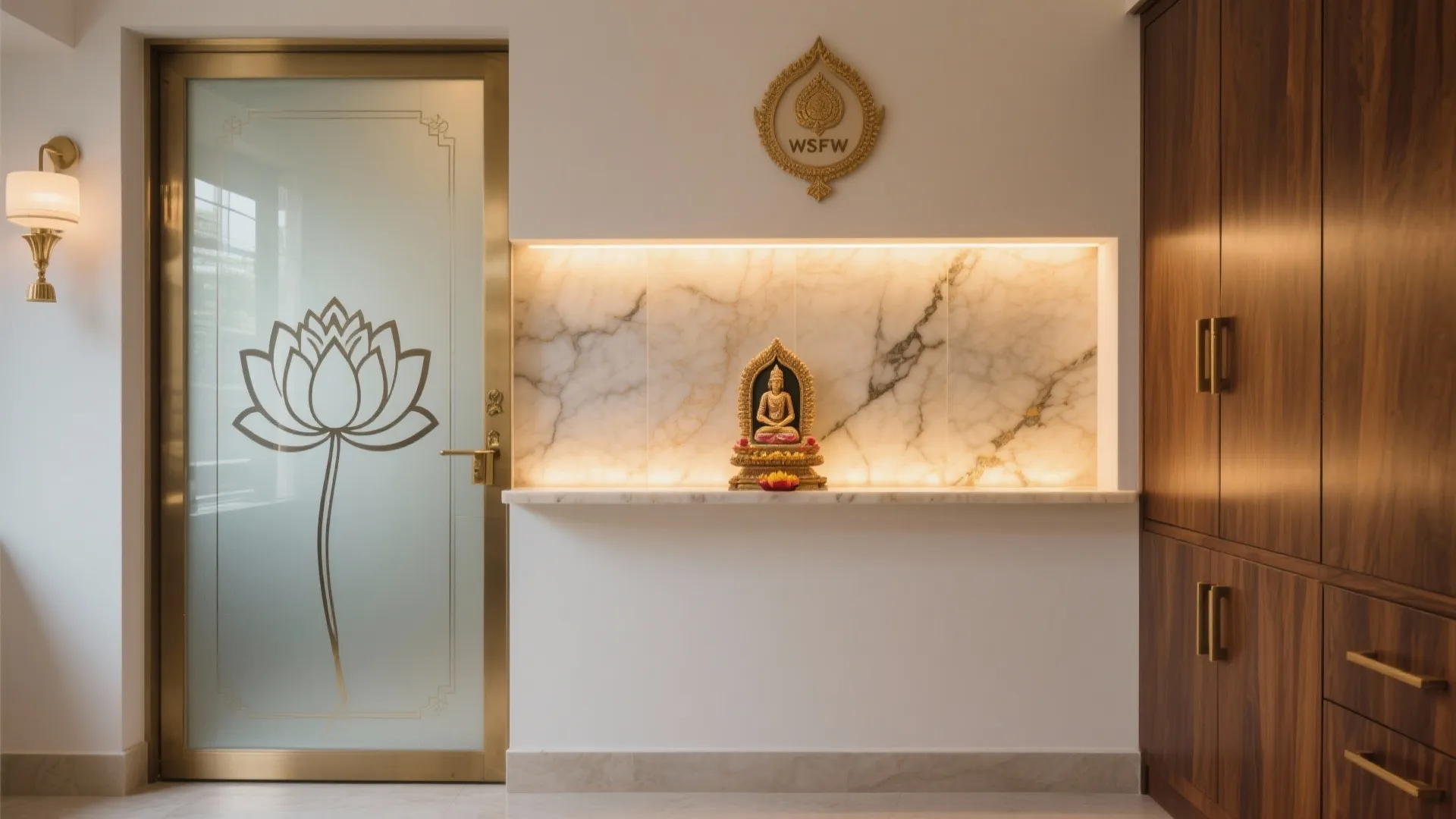 Compact pooja room with etched glass door and a glowing backlit onyx panel creating a temple-like feel.
