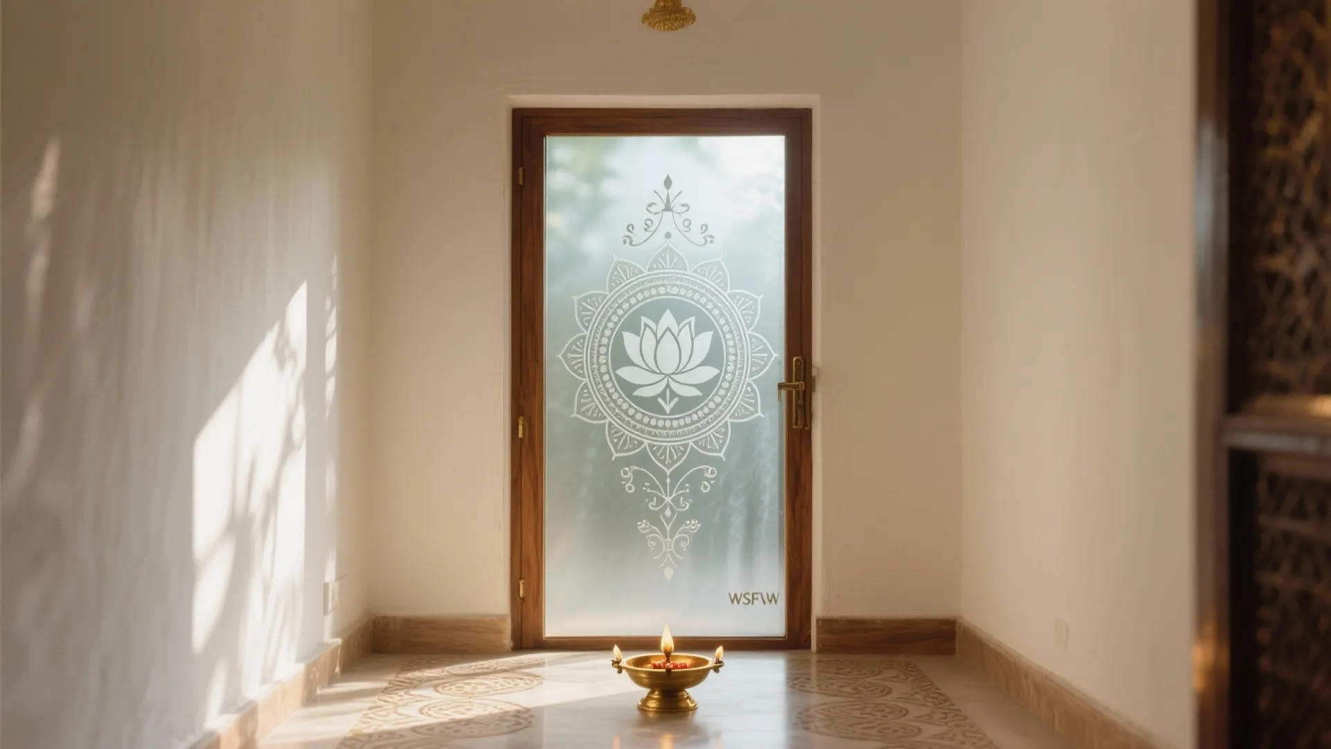 Etched Glass Pooja Doors for Subtle Sacred Motifs