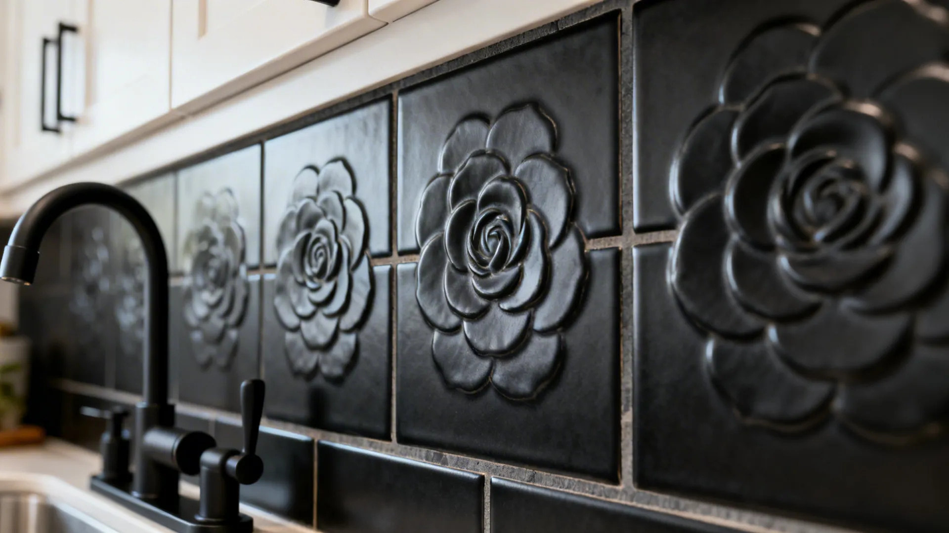 Monochrome Floral Etching on Textured Black Tiles