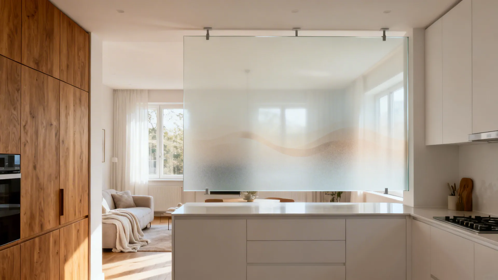 Etched Glass Room Divider for Open Kitchens