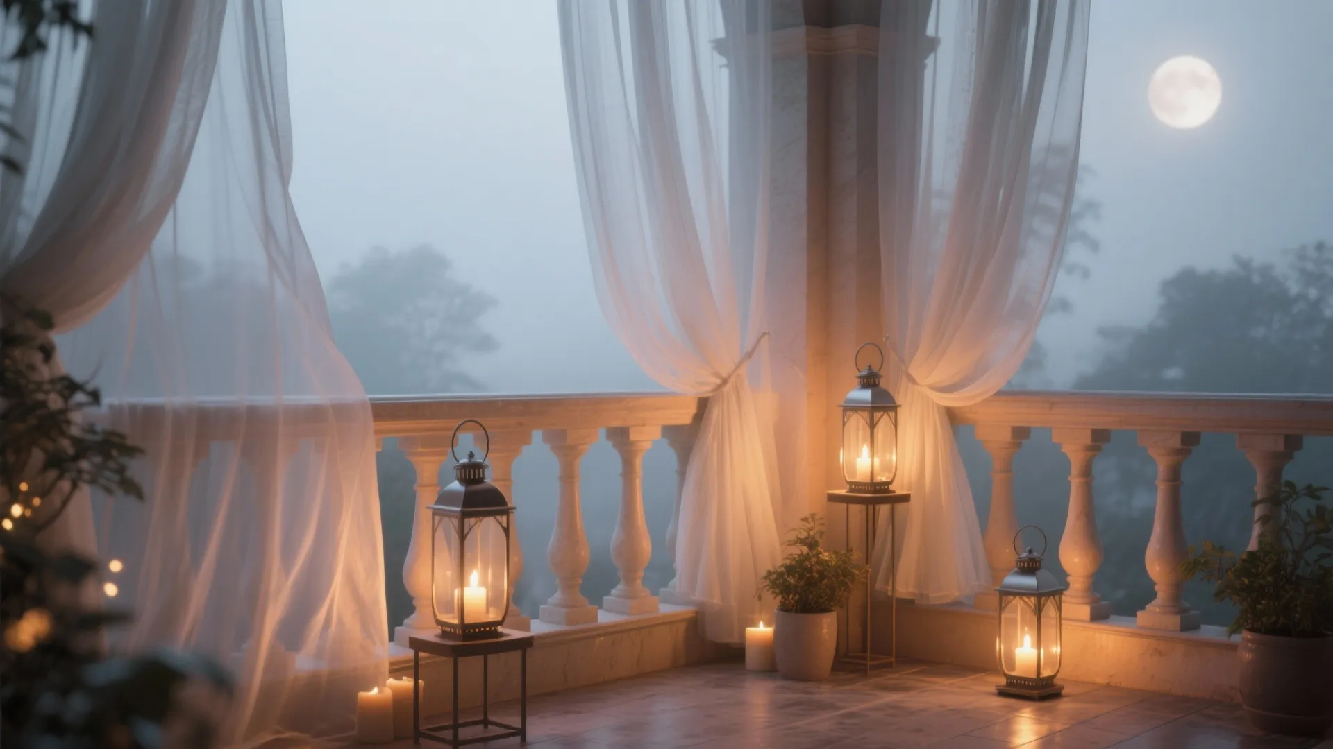 Stone balcony at night with white sheer curtains lit lanterns candles and a bright moon
