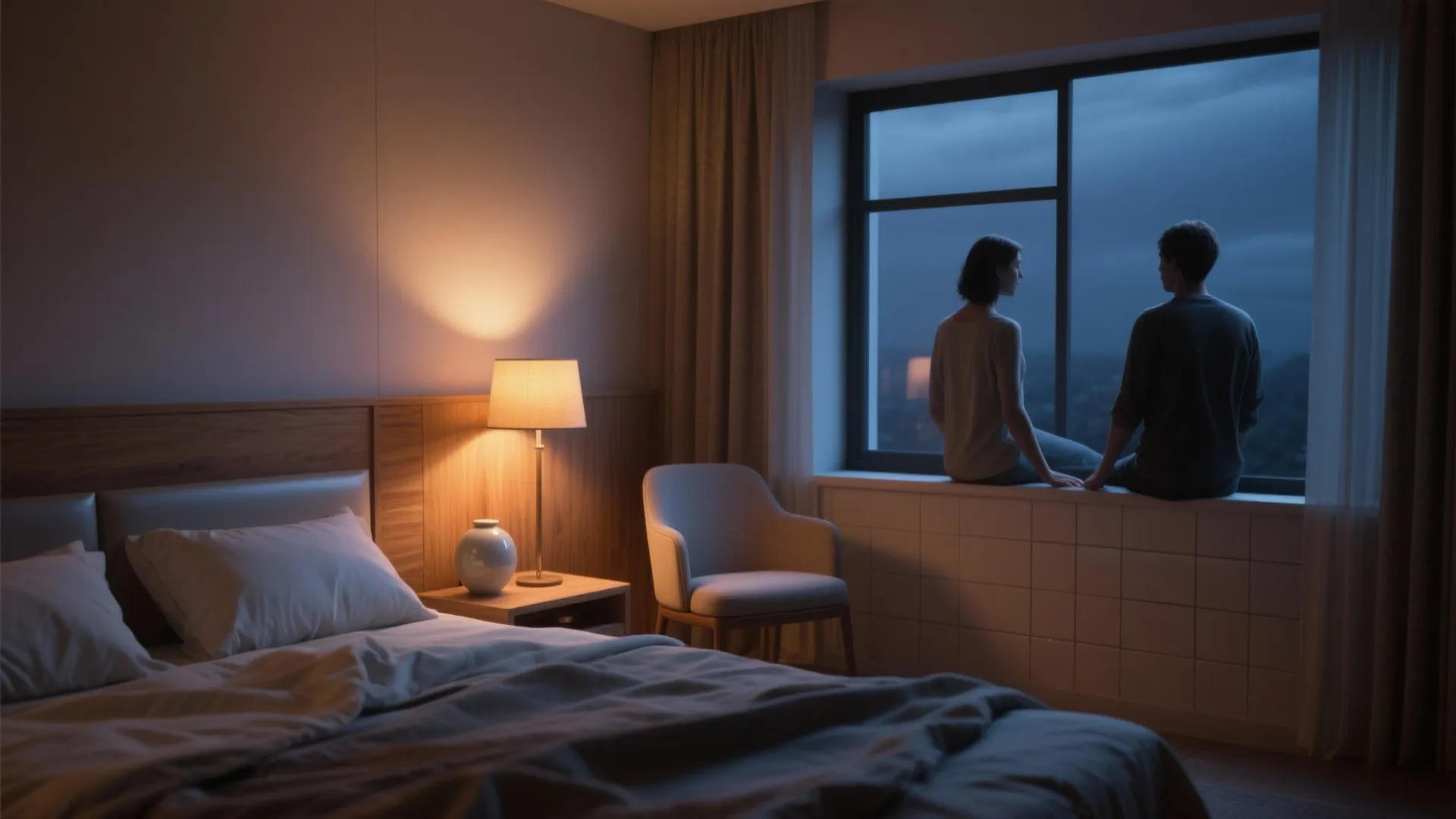 Modern bedroom with a couple sitting by the window overlooking a dark city at night