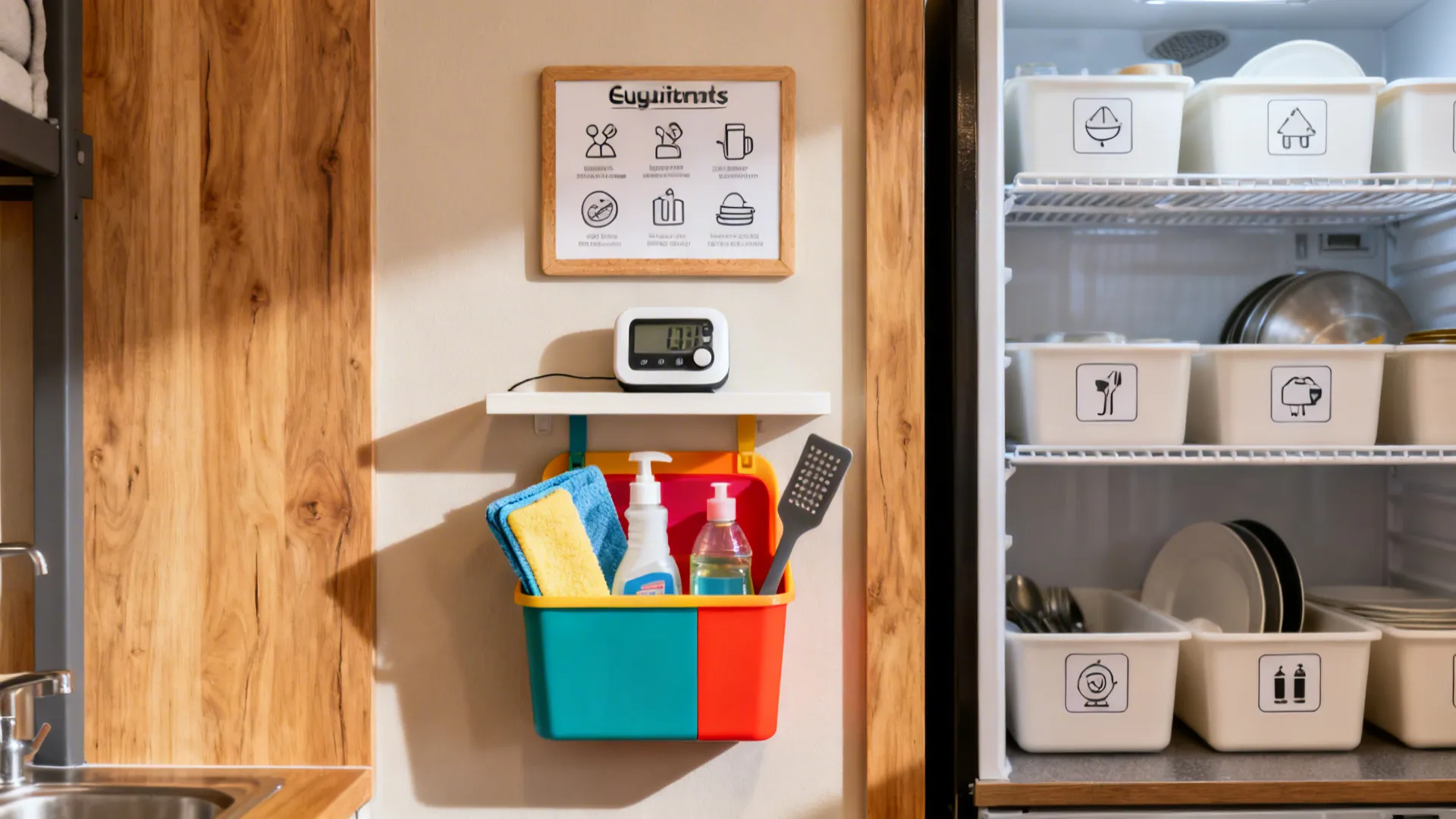 Hostel kitchen wall with an etiquette board, timer, and a color-coded cleaning caddy.