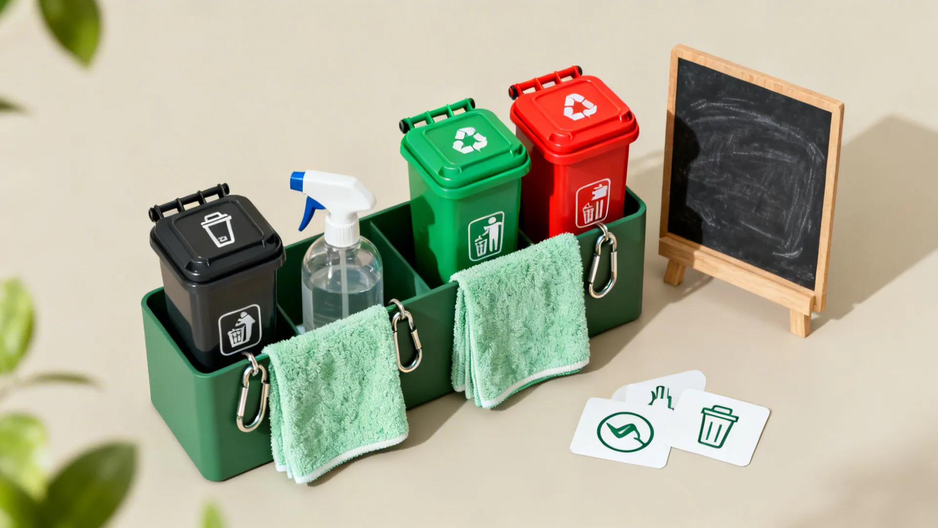 Flat lay of cleaning caddy, color-coded bin lids, microfiber cloths with clips, and simple icon signage.