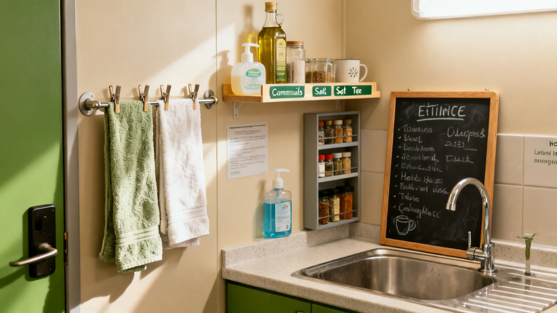 Etiquette corner with towel rack, sanitizer, communal basics shelf, and a small chalkboard task board.