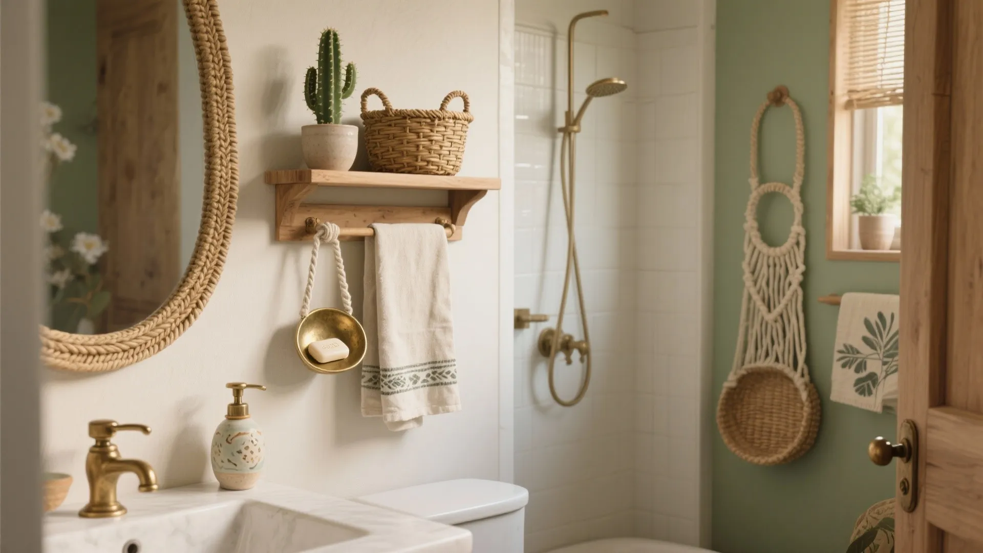 Boho bathroom with round mirror wooden shelf small cactus woven basket brass faucet and white tiles